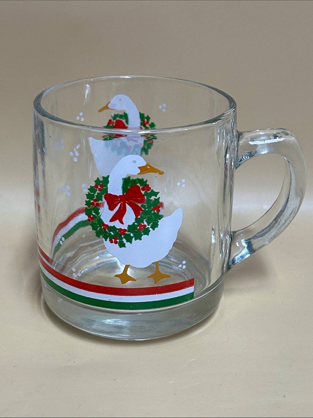 Festive Goose Glass Mug - White Goose with Red & Green Wreath Made in Canada 🇨🇦